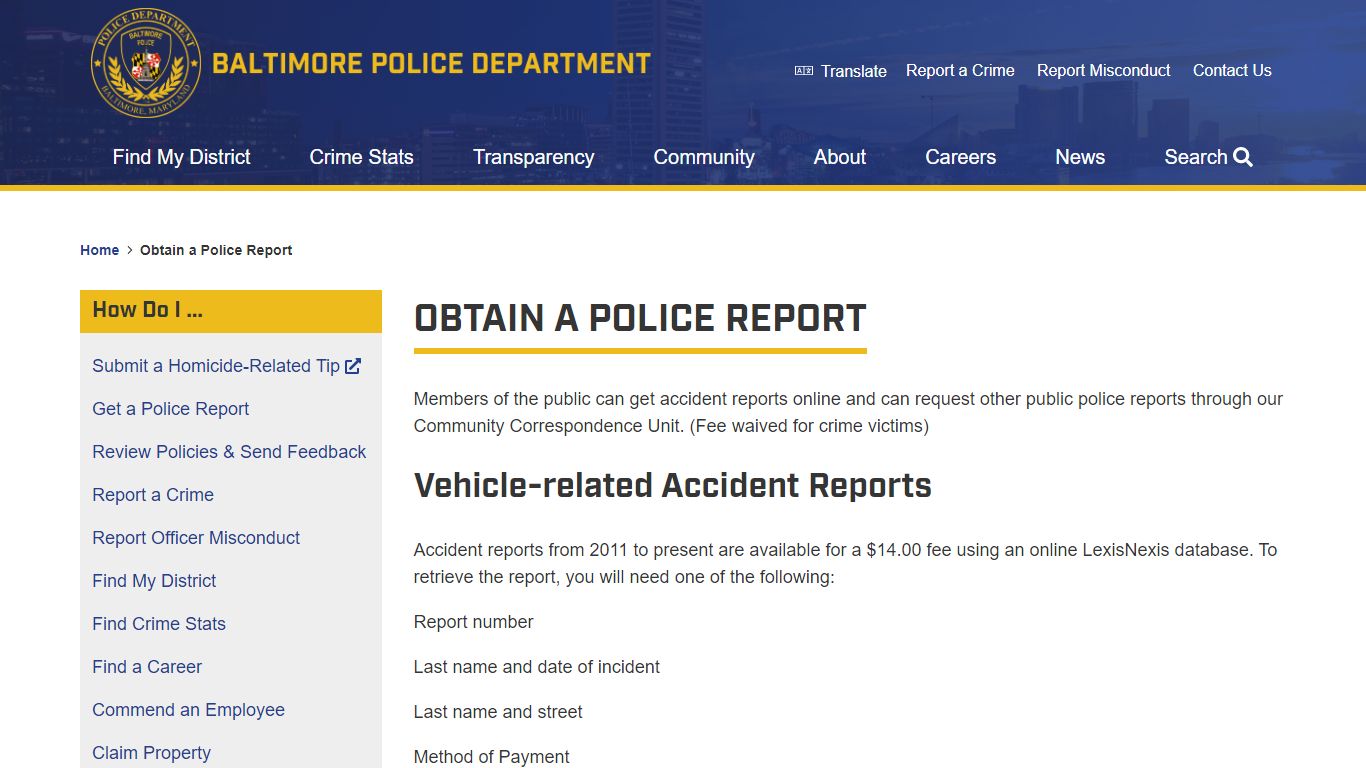 Obtain a Police Report | Baltimore Police Department
